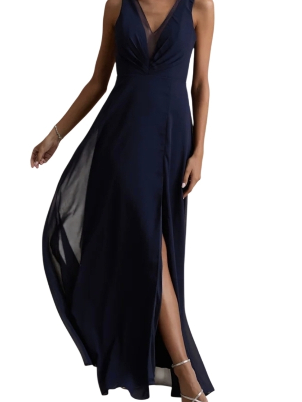 Lulu's NWT Simply Immaculate Navy V-Neck Chiffon Formal Bridesmaid Maxi Dress